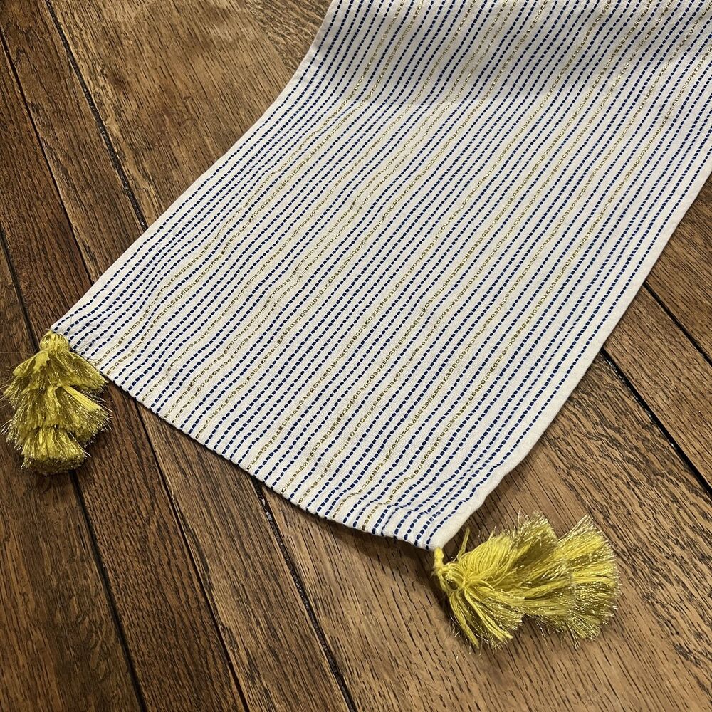 Tabitha Brown Target blue yellow Table Runner Kitchen Tassels 14x72 gold navy